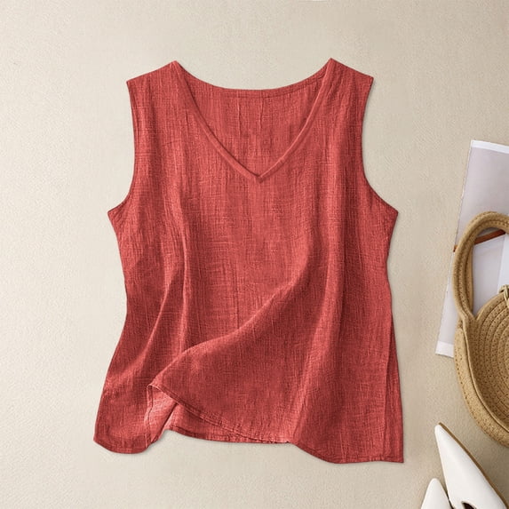 CQONEPT Women Linen Tank Tops Summer Beach Sleeveless Crewneck Shirts Tops Side Slit Fashion Boho Solid Vacation Tanks Red S