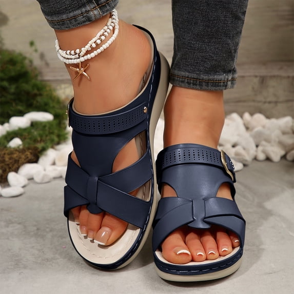 CQONEPT Women Low Wedge Heels Summer Comfortable Dressy Chunky Heel Sandals Buckle Ankle Strap Open Toe Flower Wedge Sandals Blue 43