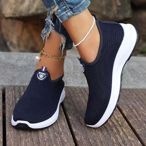 CQONEPT Women Mesh Sneakers Lightweight Breathable Embellished Close Toe Soft Elastic Athletic Gym Shoes Workout Running Tennis Loafers Navy 36