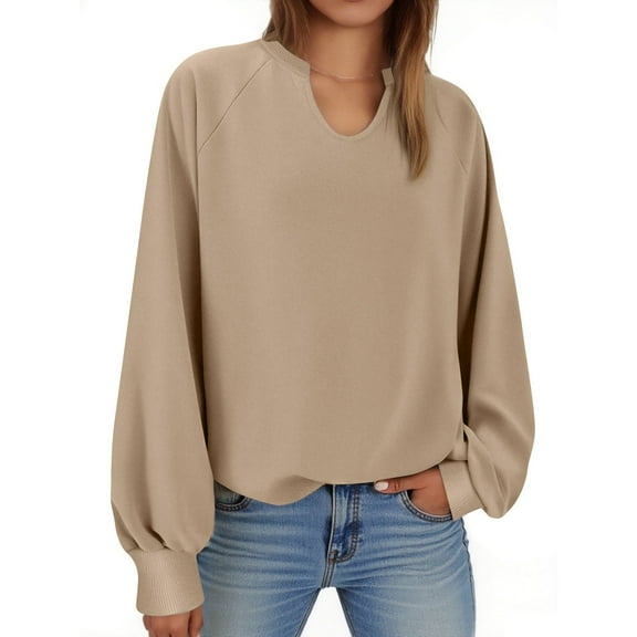 CQONEPT Women Oversized V Neck Sweatshirts Casual Fleece Long Sleeve Pullover Fall Loose Fit Sweater Tops Beige XL