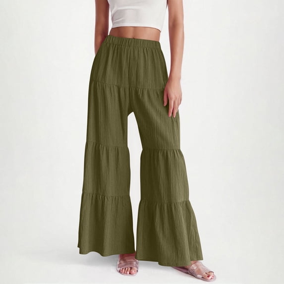 CQONEPT Women Palazzo Pants Ruffle Wide Leg High Waist Flowy Casual Textured Lounge Pant Trousers with Pockets Army Green L