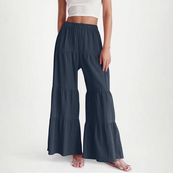 CQONEPT Women Palazzo Pants Ruffle Wide Leg High Waist Flowy Casual Textured Lounge Pant Trousers with Pockets Navy S