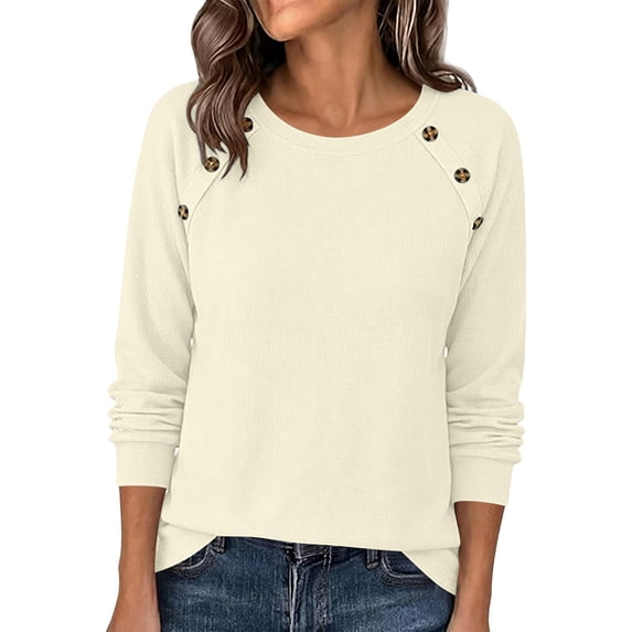 CQONEPT Women Raglan Long Sleeve Sweater Fall Winter Waffle Knit Comfy Casual Blouse Trendy Crewneck Button Trim Pullover Tops Beige L