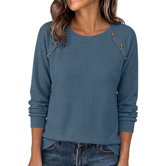 CQONEPT Women Raglan Long Sleeve Sweater Fall Winter Waffle Knit Comfy Casual Blouse Trendy Crewneck Button Trim Pullover Tops Navy 2XL