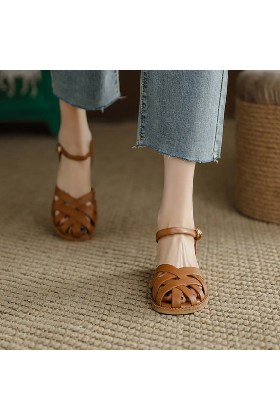 Women Retro Closed Toe Flats Sandals Low Block Heel Woven Roman Ankle Strap Hollow Caged Fisherman Sandals Shoes Size 7 Brown