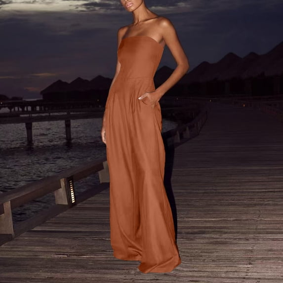 CQONEPT Women Romper Strapless Wide Leg Jumpsuits with Pockets Casual Flowy Off The Shoulder Full Lenght Rompers Brown M