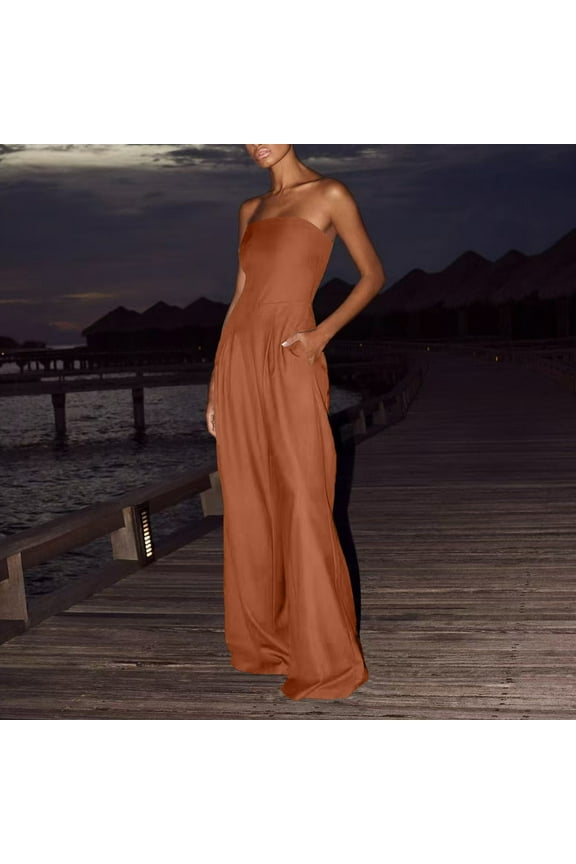 Women Romper Strapless Wide Leg Jumpsuits with Pockets Casual Flowy Off The Shoulder Full Lenght Rompers Brown M