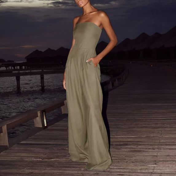 CQONEPT Women Romper Strapless Wide Leg Jumpsuits with Pockets Casual Flowy Off The Shoulder Full Lenght Rompers Khaki M