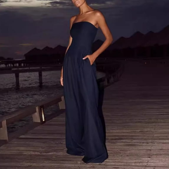 CQONEPT Women Romper Strapless Wide Leg Jumpsuits with Pockets Casual Flowy Off The Shoulder Full Lenght Rompers Navy 2XL