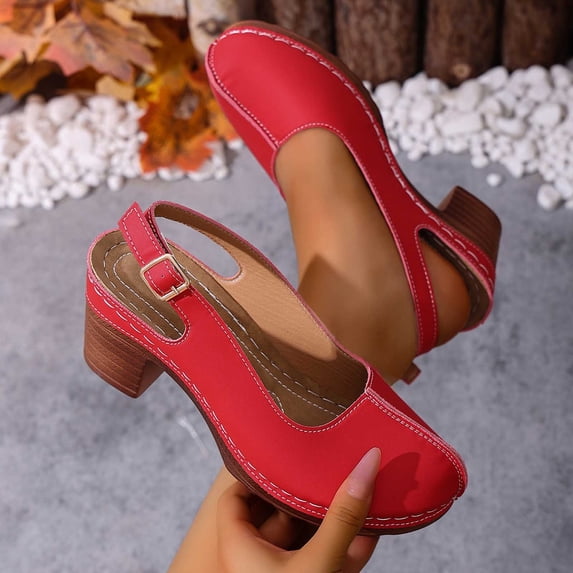 CQONEPT Women Round Toe Chunky Heel Sandals Slingback Closed Toe Pumps Block Heel Retro Bohemian Buckle Strap Shoes for Summer Red 41