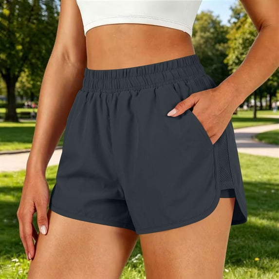 CQONEPT Women Running Shorts with Liner Womens 2 in 1 Athletic Shorts Quick Dry Shorts with Pockets for Walking Gym Hiking Dark Gray XXL
