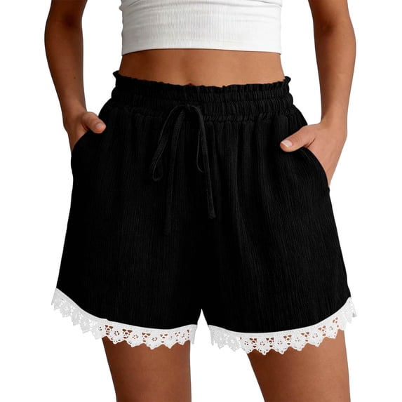 CQONEPT Women Shorts Pants Lace Elastic Waist Boho Summer Vacation Pant Drawstring Shorts with Pockets Black M