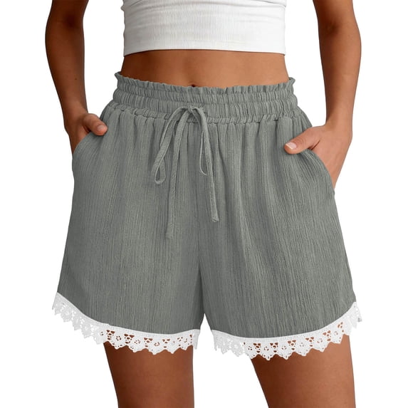 CQONEPT Women Shorts Pants Lace Elastic Waist Boho Summer Vacation Pant Drawstring Shorts with Pockets Gray 2XL
