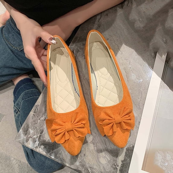 CQONEPT Women Slip on Flats Shoes Sweet Bowknot Round Toe Classic Ballet Soft Suede Comfortable Walking Shoes Orange 36