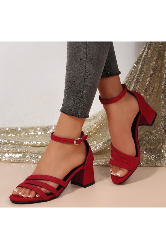 Women Strappy Low Heel Sandals Open Toe Chunky Heels Ankle Strap Short Heels Bride Wedding Party Dress Shoes Red 36