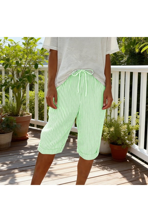 Women Stripe Pant Drawstring Summer Casual Capri Pants with Pocket Wide Leg Shorts for Summer Mint Green 3XL