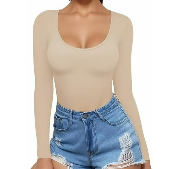 CQONEPT Women Tunic Tops Boat Neck Contoured Fit Shirts Slim Fit Stretchy Undershitrts Workouts Running Clothes Khaki L