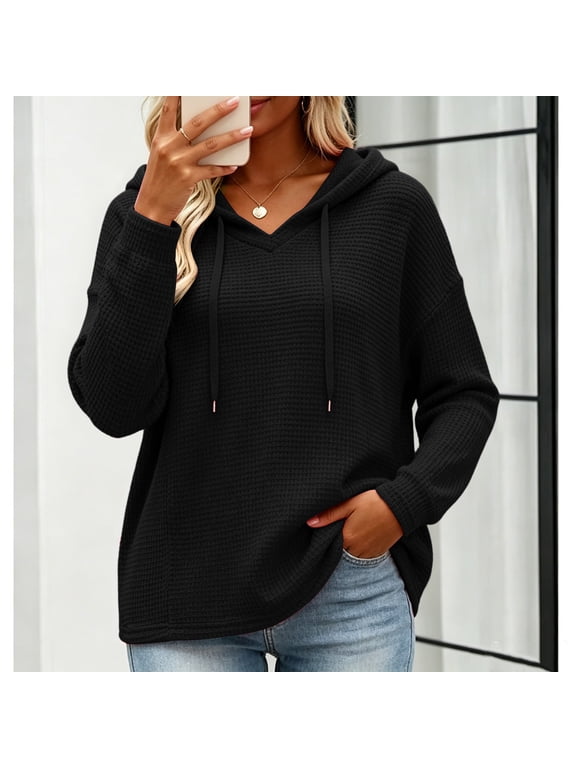 Women Waffle Knit Essentials Hoodie Drawstring Long Sleeve Sweatshirt Breathable Textured Fall Winter Clothes Black S