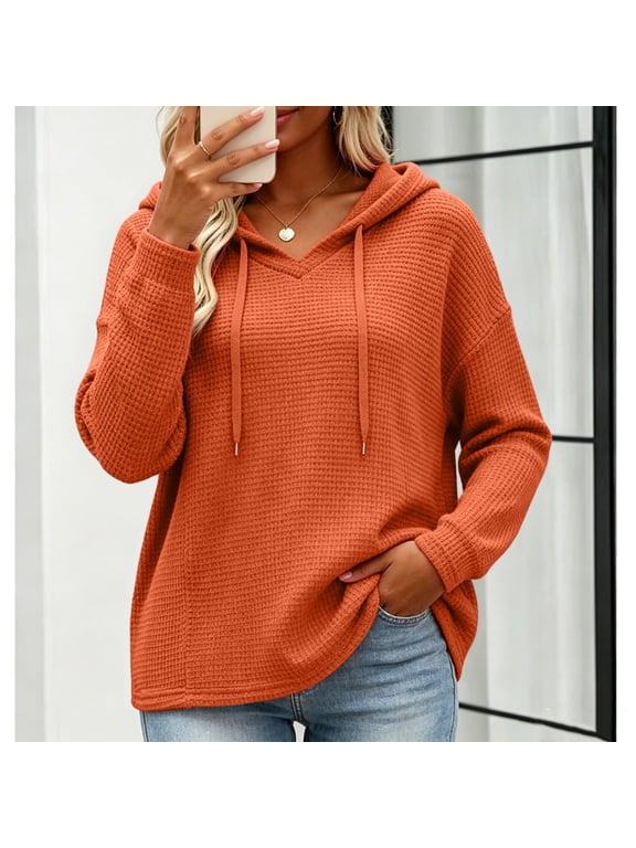 Women Waffle Knit Essentials Hoodie Drawstring Long Sleeve Sweatshirt Breathable Textured Fall Winter Clothes Orange M