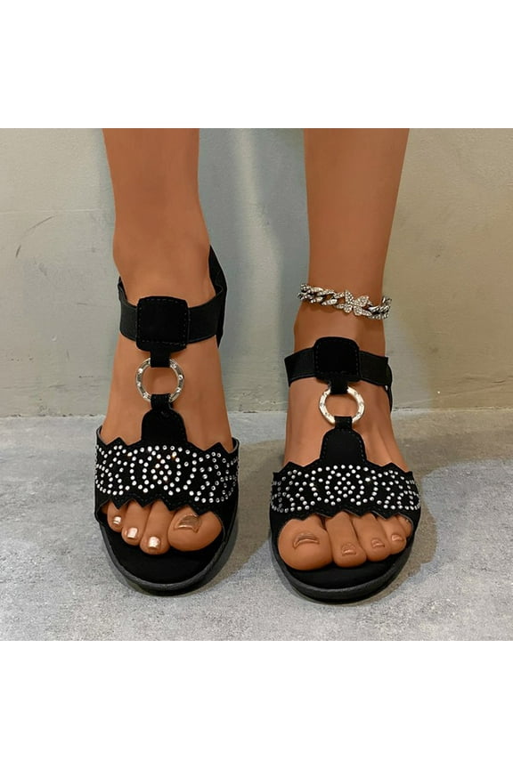 Women Wedge Sandals Sparkly Rhinestone Open Toe Fashion Dressy Sandals Evening Wedding Prom Shoes Size 8.5 Black