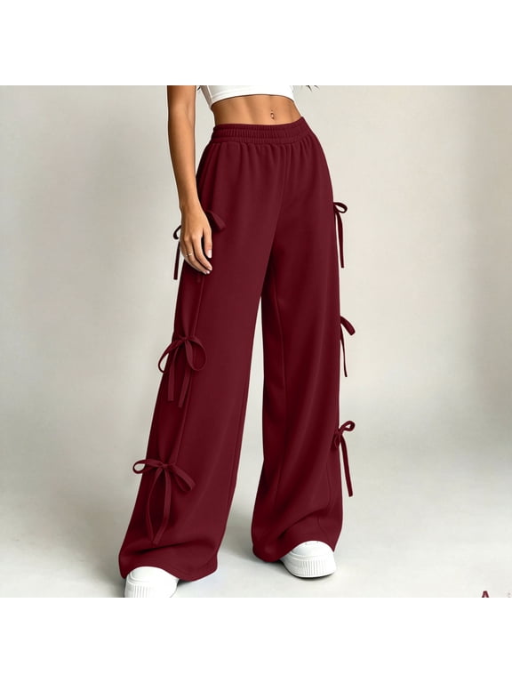 Women Y2K Bow Wide Leg Pants Baggy Sweatpants Comfy Lightweight Streetwear Patchwork Elastic Waist Baggy Wide Leg Pant with Pockets L
