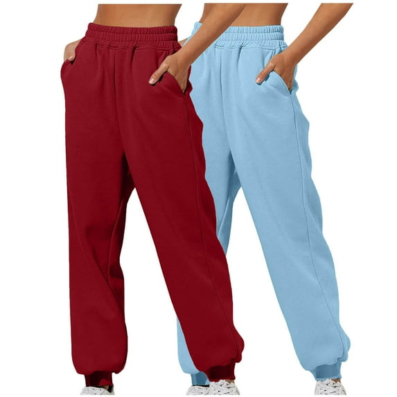 CQONEPT Women's 2 Pack Fleece Sweatpants Elastic Waist Tapered Pant Comfy Loose Fit Lounge Camping Hiking Fall Fit with Pockets Sky Blue S