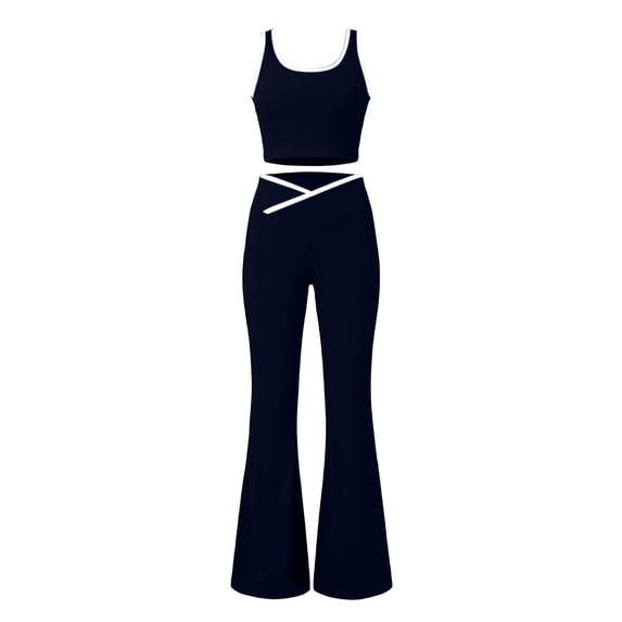 CQONEPT Women's 2 Piece Outfit Racerback Sleeveless Tank Tops Crossover Bell Bottom Tracksuit Workout Sports Sets Navy L