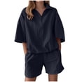 thumbnail image 1 of CQONEPT Women's 2 Piece Set 1/4 Zip Short Sleeved Shorts Baggy Dressy Casual Tracksuit Outdoor Shorts With Pockets Black 2XL, 1 of 5
