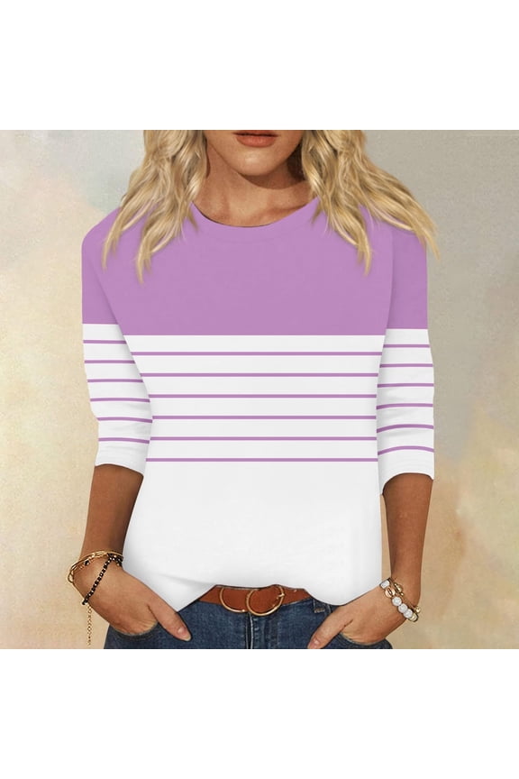 Women's 3/4 Sleeve Shirts Scoop Neck Tunic Tops Color Block Stripe Blouse Trendy Going Out Pullover Pink L