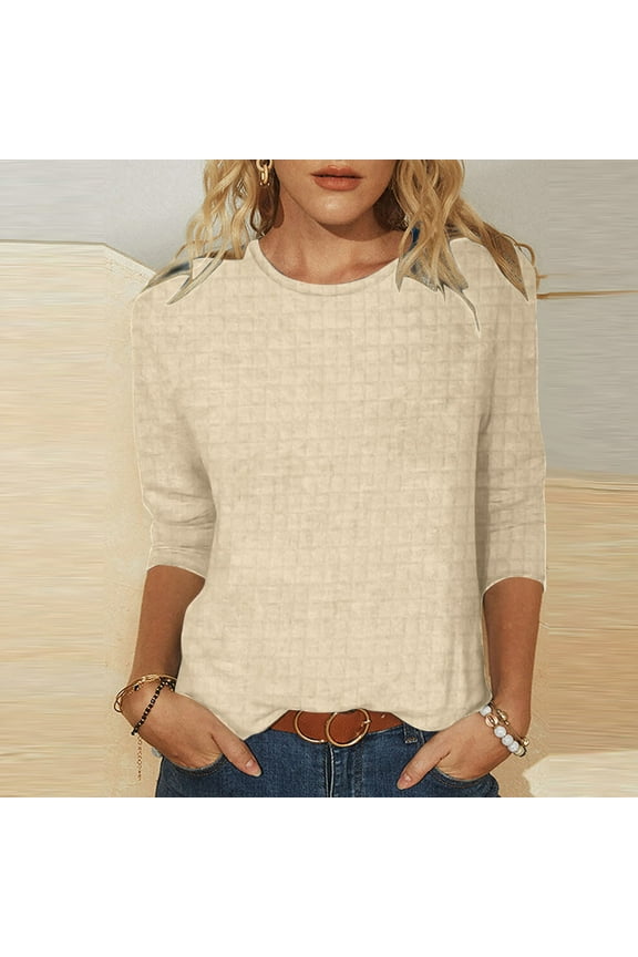 Women's 3/4 Sleeve Shirts Waffle Crewneck Blouse Casual Lightweight Pullover Tops Plain Going Out Shirts Beige L