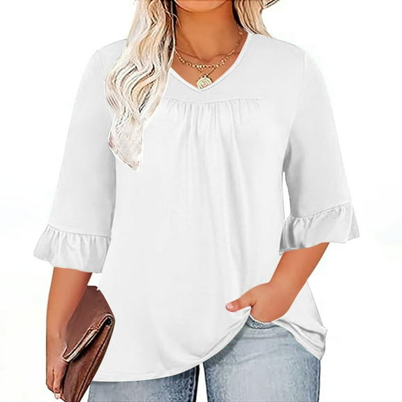 CQONEPT Women's 3/4 Sleeve Tops Ruffle V Neck Pullover Casual Loose Fit Blouse Plain Going Out Tunic Shirts White 3XL