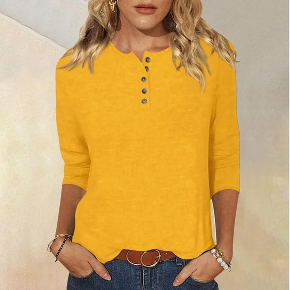 CQONEPT Women's 3/4 Sleevee Shirts Henley Scoop Neck Tunic Tops Casual Solid Color Pullover Outdoor Trendy Blouse Yellow 3XL
