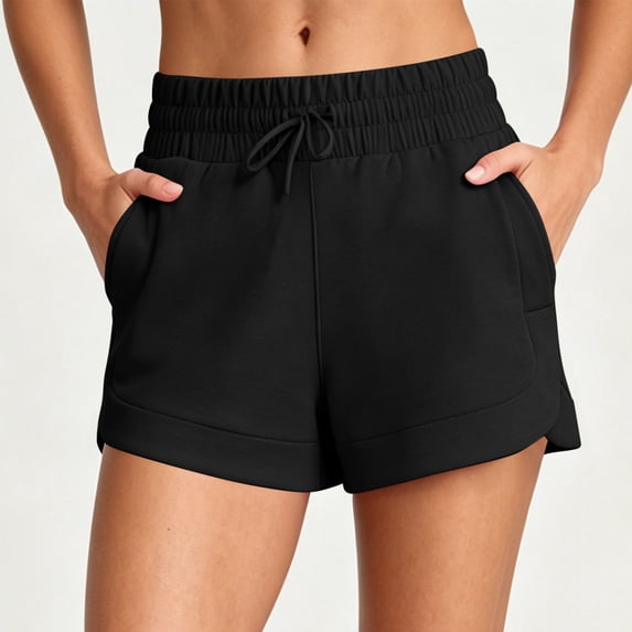 CQONEPT Women's Athletic Shorts Loose Fit Elastic Waist Drawstring Summer Running Comfy Gym Yoga Shorts with Pockets Black L