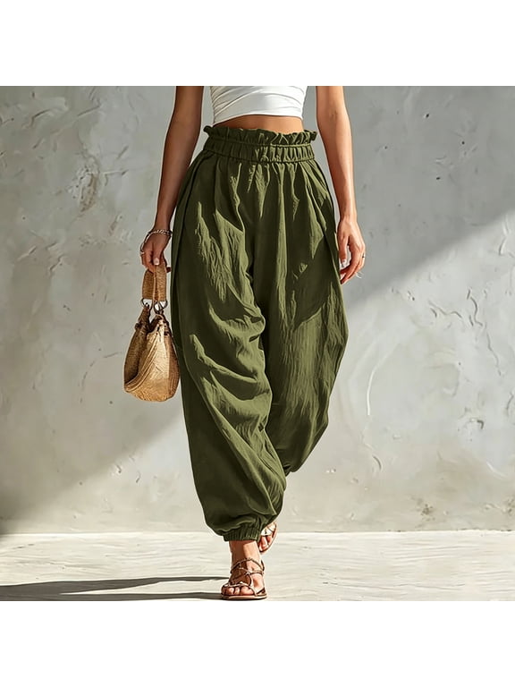 Women's Balloon Pants Elastic Waist Wide Leg Harem Pant Casual Baggy Lightweight Pleated Lantern Trousers with Pockets Army Green XL