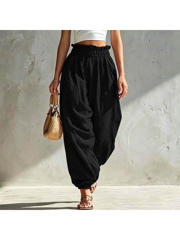 Women's Balloon Pants Elastic Waist Wide Leg Harem Pant Casual Baggy Lightweight Pleated Lantern Trousers with Pockets Black 2XL