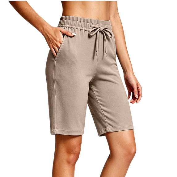 CQONEPT Women's Bermuda Sweat Shorts High Waisted Knee Length Shorts with 3 Pockets Drawstring Casual Athletic Shorts Khaki M