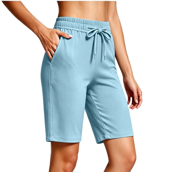 CQONEPT Women's Bermuda Sweat Shorts High Waisted Knee Length Shorts with 3 Pockets Drawstring Casual Athletic Shorts Light Blue L