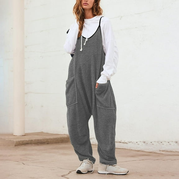 CQONEPT Women's Bib Overall Casual Sherpa Fleece Romper Pants Loose Fit Comfy Fall Winter Jumpsuit with Pockets Gray XL