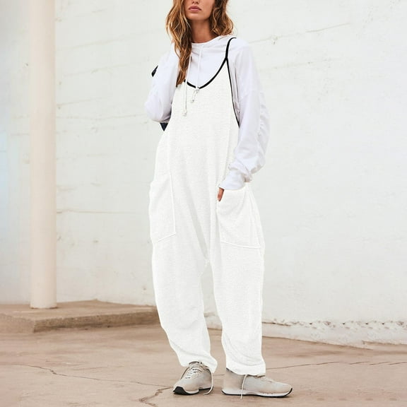 CQONEPT Women's Bib Overall Casual Sherpa Fleece Romper Pants Loose Fit Comfy Fall Winter Jumpsuit with Pockets White S