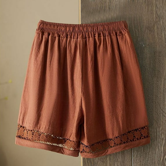CQONEPT Women's Boho Shorts Lace Lounge Flow Elastic Waist Summer Pants Hollowed Out Drawstring Vacation Pants with Pockets Coffee 4XL