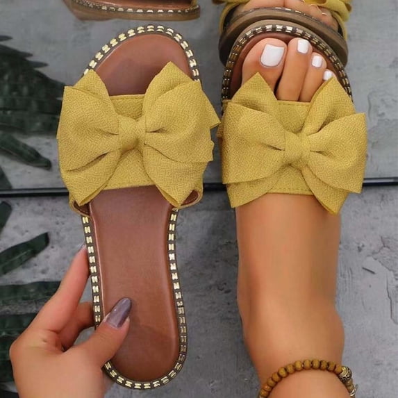 CQONEPT Women's Bow Knot Sandals Slides Open Toe Flat Sandals Summer Fashion Slip On Slippers Non Slip Flat Shoes Yellow 37