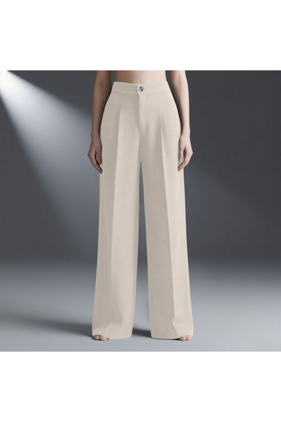 Women's Business Dress Pants High Waisted Trousers Elastic Wais Button Pant Office Work Straight Leg Trousers Beige S
