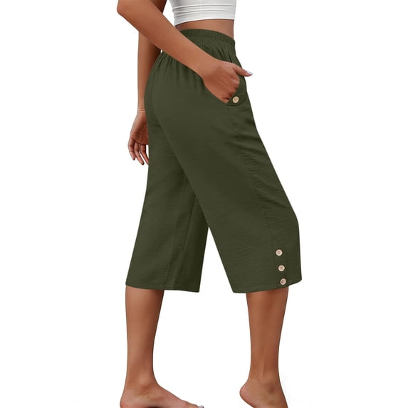 CQONEPT Women's Capris Pant with Pocket Elastic Waist Lightweight Loose Fit Summer Fashion Activewear Trousers Army Green 2XL
