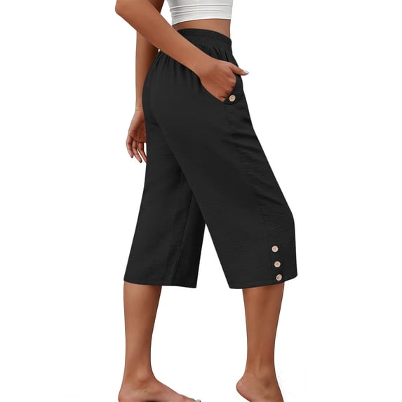 CQONEPT Women's Capris Pant with Pocket Elastic Waist Lightweight Loose Fit Summer Fashion Activewear Trousers Black L