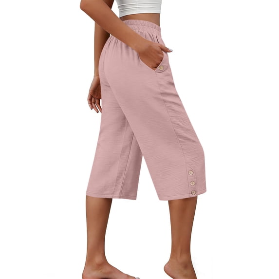 CQONEPT Women's Capris Pant with Pocket Elastic Waist Lightweight Loose Fit Summer Fashion Activewear Trousers Pink XL