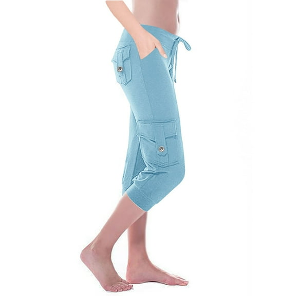 CQONEPT Women's Cargo Pants High Waist Drawstring Jogger Pant Workouts Running Activewear Yoga Pants with Multi Pockets Sky Blue 3XL