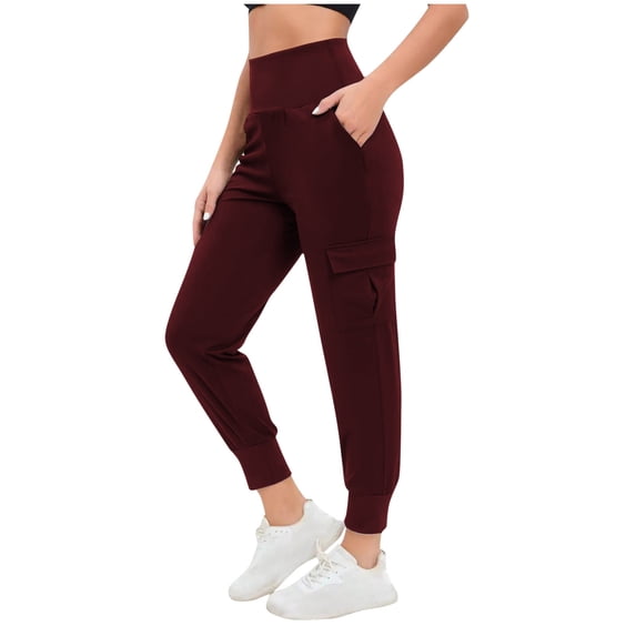 CQONEPT Women's Cargo Pants Skinny Leg High Waist Jogger Pant Workouts Running Activewear Pant with Multi Pockets Wine XL