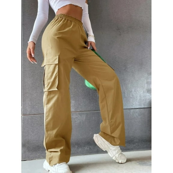 CQONEPT Women's Cargo Pants Straight Leg Casual Loose Fit Pant Elastic Waisted Outdoor Streetwear Trousers with Pockets Khaki M