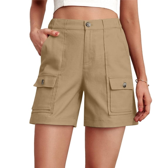 CQONEPT Women's Cargo Shorts with Multi Pockets Wide Leg Trendy Short Pants Solid Color Streetwear Fashion Shorts Khaki 2XL