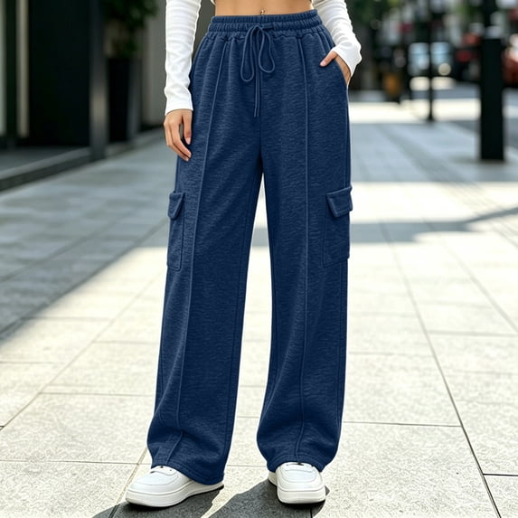 CQONEPT Women's Cargo Sweatpants Wide Leg Elastic Waist Pants with Multi Pockets Drawstring Baggy Casual Fall Winter Joggers Navy S